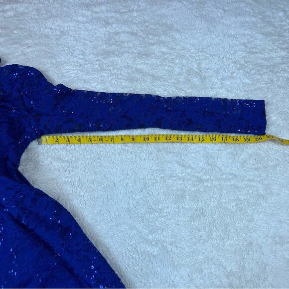 Sequin Hearts mesh back, lace and sequin blue sheath cocktail party dress, 7 - Picture 10 of 14